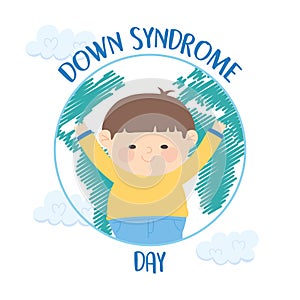 World down syndrome day, happy little boy in map clouds background