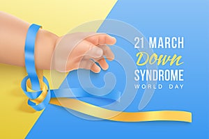 World Down syndrome day horizontal banner with blue and yellow ribbon