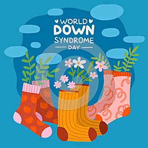 World Down syndrome Day socks poster. Colorful patterned knee socking with beautiful flowers. 21 March. Trendy ornaments photo