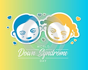 World down syndrome day - Text and blue yellow gradient boy and gilr syndrome sign with hearts around on soft blue yellow