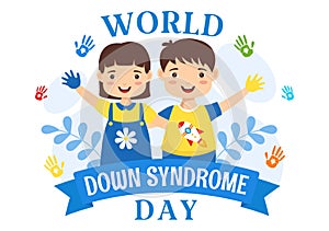 World Down Syndrome Day Vector Illustration on March 21 with Blue and Yellow Ribbon, Earth Map, Unpaired Socks and Kids