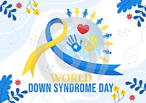 World Down Syndrome Day Vector Illustration on March 21 with Blue and Yellow Ribbon, Earth Map, Unpaired Socks and Kids