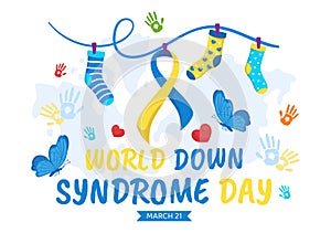 World Down Syndrome Day Vector Illustration on March 21 with Blue and Yellow Ribbon, Earth Map, Unpaired Socks and Kids
