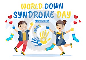 World Down Syndrome Day Vector Illustration on March 21 with Blue and Yellow Ribbon, Earth Map, Unpaired Socks and Kids