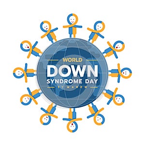World down syndrome day - Yellow blue ribbon men sign surround the globe vector design