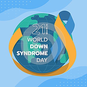 World down syndrome day - Yellow blue ribbon sign roll around the globe vector design