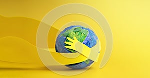 World Earth Day Concept. Green Energy, ESG, Renewable and Sustainable Resources. Environmental Care. Paper Cut as Hands Embracing