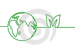 World earth day concept vector illustration. Eco friendly line logo with eartn and green leaves