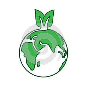 World earth day concept vector illustration. Eco friendly logo with eartn and green leaves