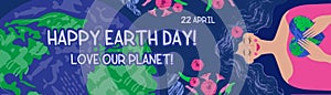 World Earth Day. Environment protect. Ecology recycle horizontal banner. Save forest and ocean. International holiday
