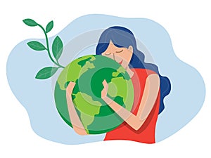 World Earth Day green eco energy , Young  woman embracing the planet Earth with World Earth Day