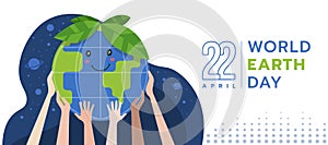 World earth day - hands are helping to globe earth character wearing a leaf hat on a space background vector design