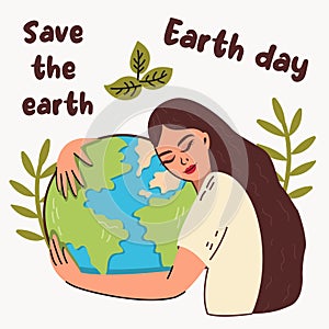 World Earth Day Nature lover, ecology friendly lifestyle , girl embracing the planet Earth with green eco energy