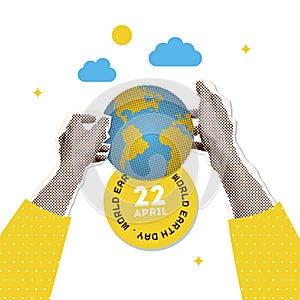 World Earth day poster. Hands holding planet. Piece of paper torn from a notepad. Person holding a globe, showcasing