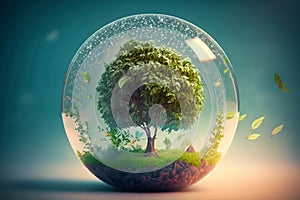 World earth day. Realistic glass globe with a tree inside. Eco friendly environment concept. Generative Ai