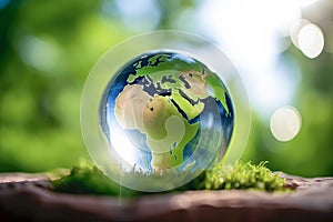 World earth day. Realistic glass globe with the world inside. Eco friendly environment concept. Generative Ai