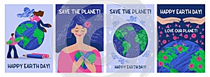 World Earth Day. Save planet and eco. Environment posters set. Children drawing globe. Ecology and nature conservation