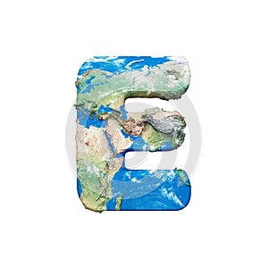 World earth globe alphabet letter E uppercase. Global worldwide font with NASA map. 3D render isolated on white background.