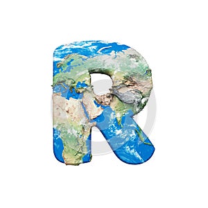 World earth globe alphabet letter R uppercase. Global worldwide font with NASA map. 3D render isolated on white background.