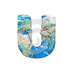 World earth globe alphabet letter U uppercase. Global worldwide font with NASA map. 3D render isolated on white background.