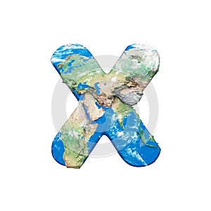 World earth globe alphabet letter X uppercase. Global worldwide font with NASA map. 3D render isolated on white background.
