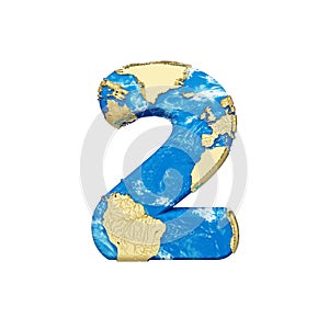 World earth globe alphabet number 2. Global worldwide font with NASA map. 3D render isolated on white background.