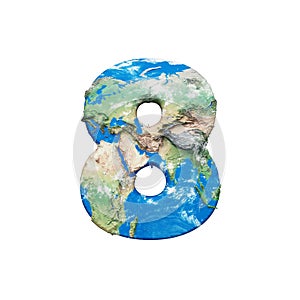 World earth globe alphabet number 8. Global worldwide font with NASA map. 3D render isolated on white background.