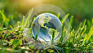 World earth globe laying on grass field, glass sphere