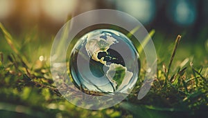 World earth globe laying on grass field, glass sphere