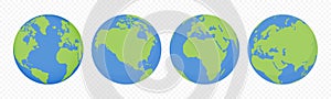 World earth globes, vector icons set. Earth planet continents map. Travel, ecology and geography world globe symbols