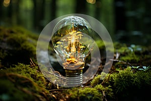 World earth hour, light bulb stands in the forest, turn off lights, save energy, protect nature and planet earth, environment and