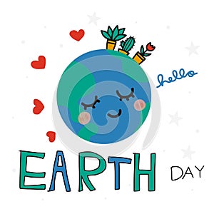 Hello Earth Day cute earth smile cartoon vector illustration doodle style photo