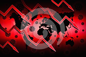 World economy crisis down arrows corona virus background illustration