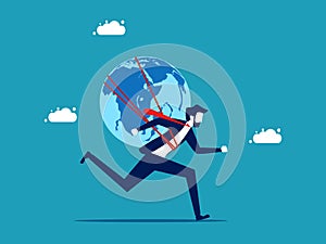 The world economy is progressing. businessman with a globe running forward