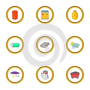 World energy resource icons set, cartoon style