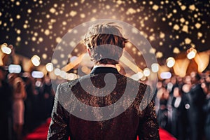 World entertainment star on the red carpet of a festival back view. Generative AI