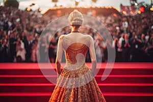 World entertainment star on the red carpet of a festival back view. Generative AI