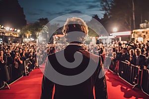 World entertainment star on the red carpet of a festival back view. Generative AI