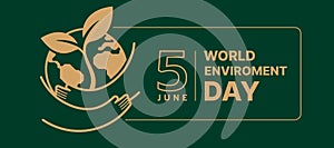 World Enviroment Day - Brown line hand hold hug circle globe earth with plant leaf sign on dark green background vector design photo