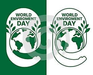 World Enviroment day - Text in long curved frame with hand hold circle globe world and leaf plant white and green banner style photo