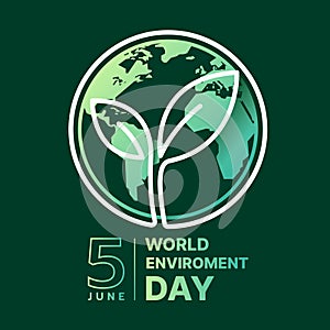 World Enviroment Day - White line leaf with circle curve around on circle green globe earth sign on dark green background vector