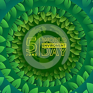 World Enviroment day - Yellow text on globe world texture in circle layers green leaf around vector design