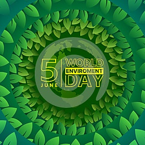 World Enviroment day - Yellow text on globe world texture in circle layers green leaf around vector design photo
