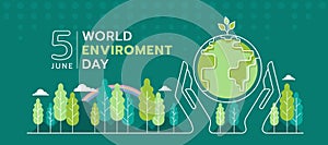 World environment day - abstract white line hand hold care globe world with tree sapling and forest, mountains and rainbow around