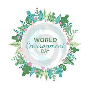 World environment day banner with abstract circle leaf anf flower frame and map earth background vector design