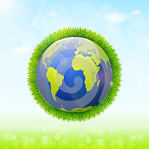 World environment day concept. Earth globe with green grass and