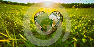 World environment day concept: Earth globe in heart shape with green grass and blue sky background.