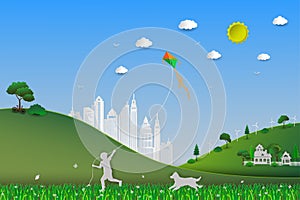 World environment day,concept of eco friendly save the earth and nature,child playing kite in the meadow with dog