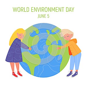 World Environment day concept. Little cute boy and girl are hugging planet. Save the earth. Green day. Concept design