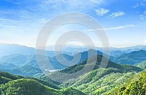 World Environment Day concept: Panoramic view of mountain range covered by forest with blue sky